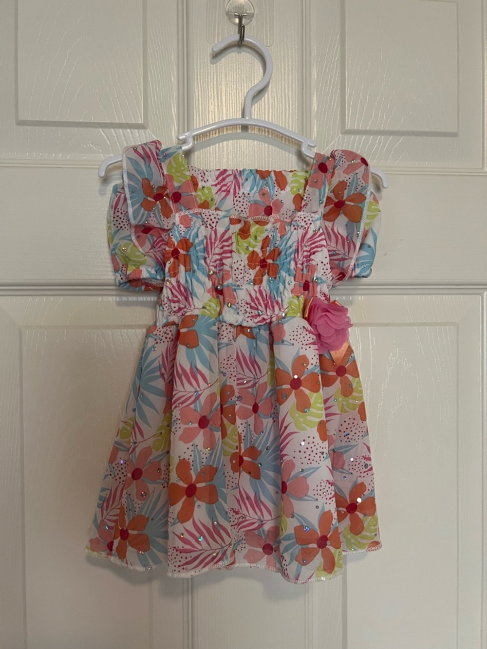 12M Girls Floral Puff-Sleeve Summer Dress - Pink Multi